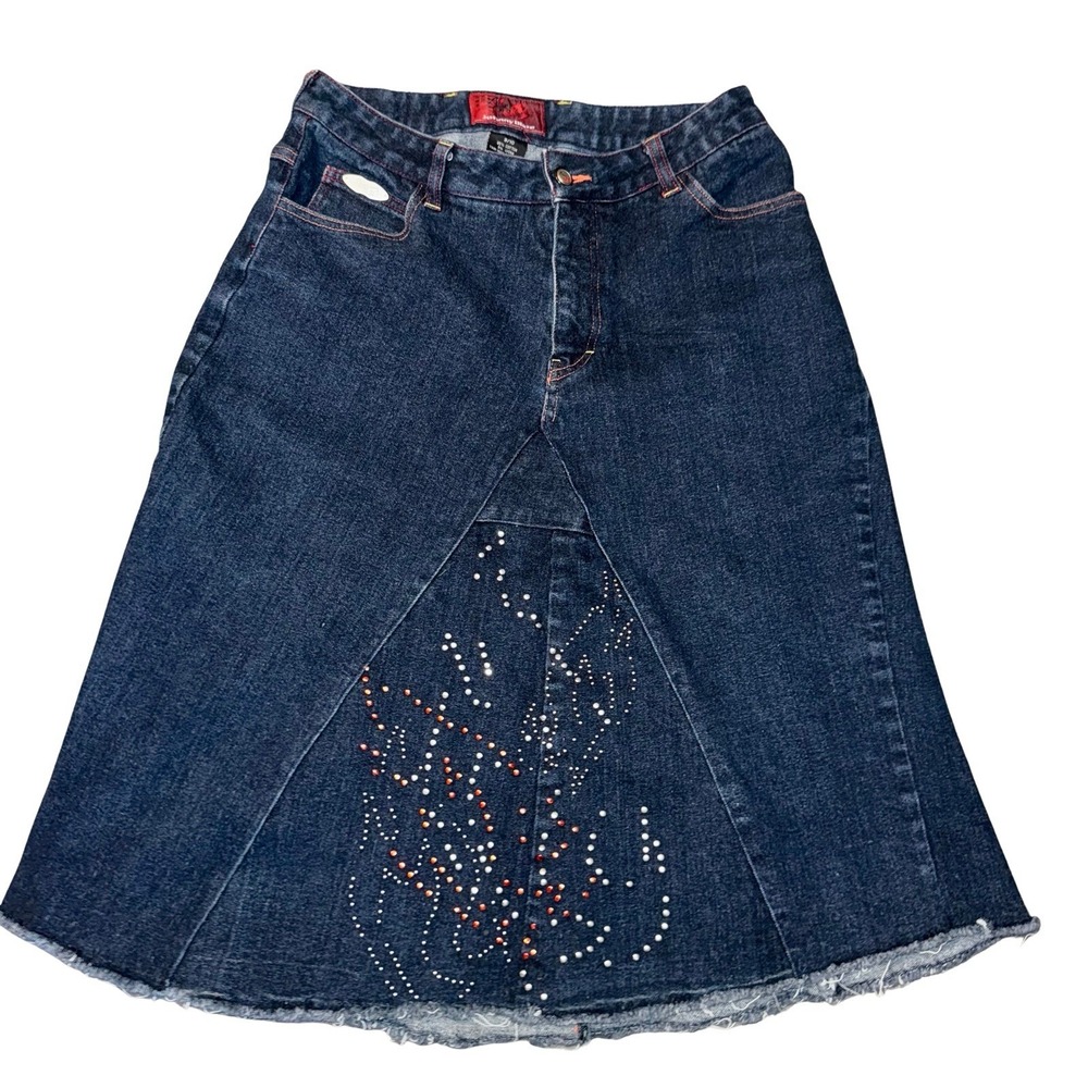 Johnny Blaze Flame Denim Flare Skirt Y2K Embellished Womens 9/10